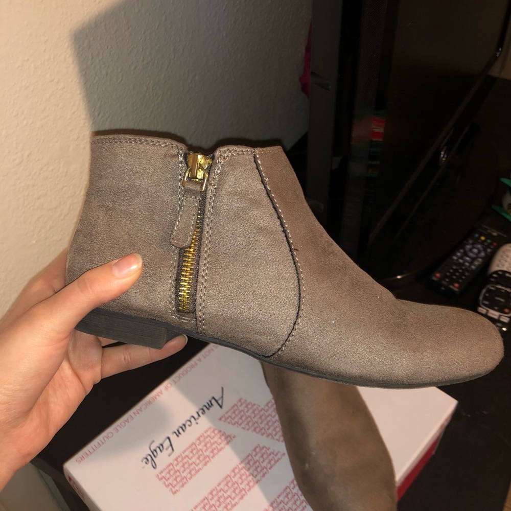 Tan, flat, ankle booties